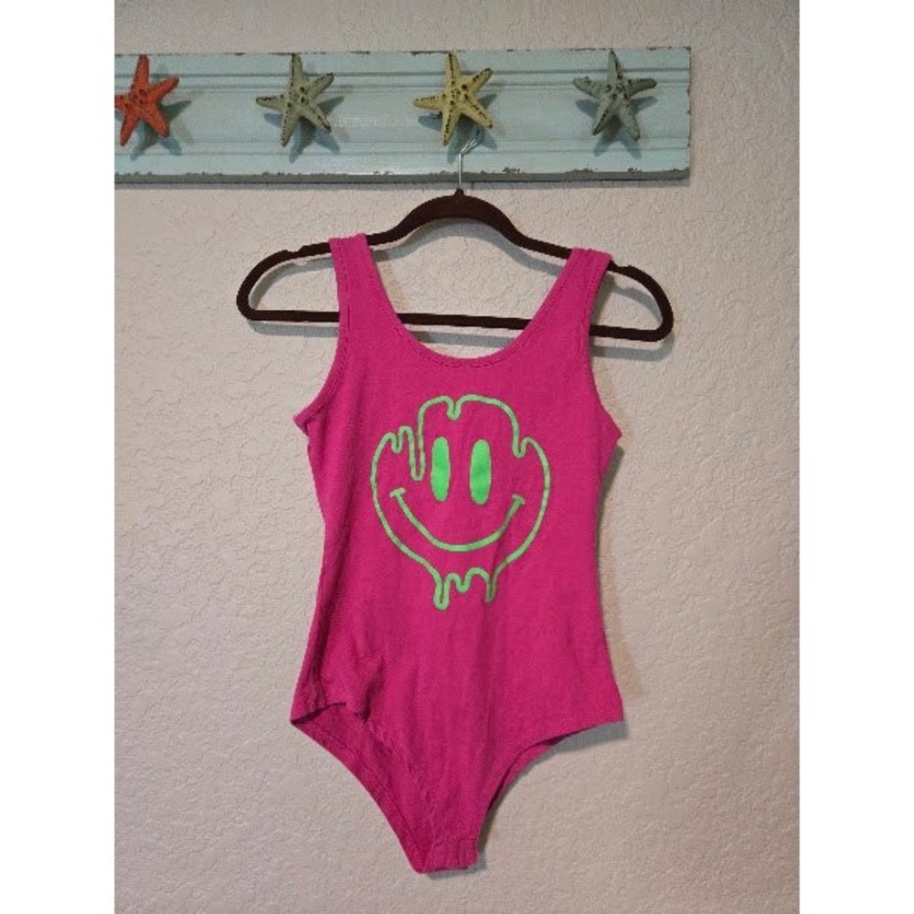 Spencers Womens Pink Melting Smiley Face Graphic Bodysuit Small Neon Green Retro